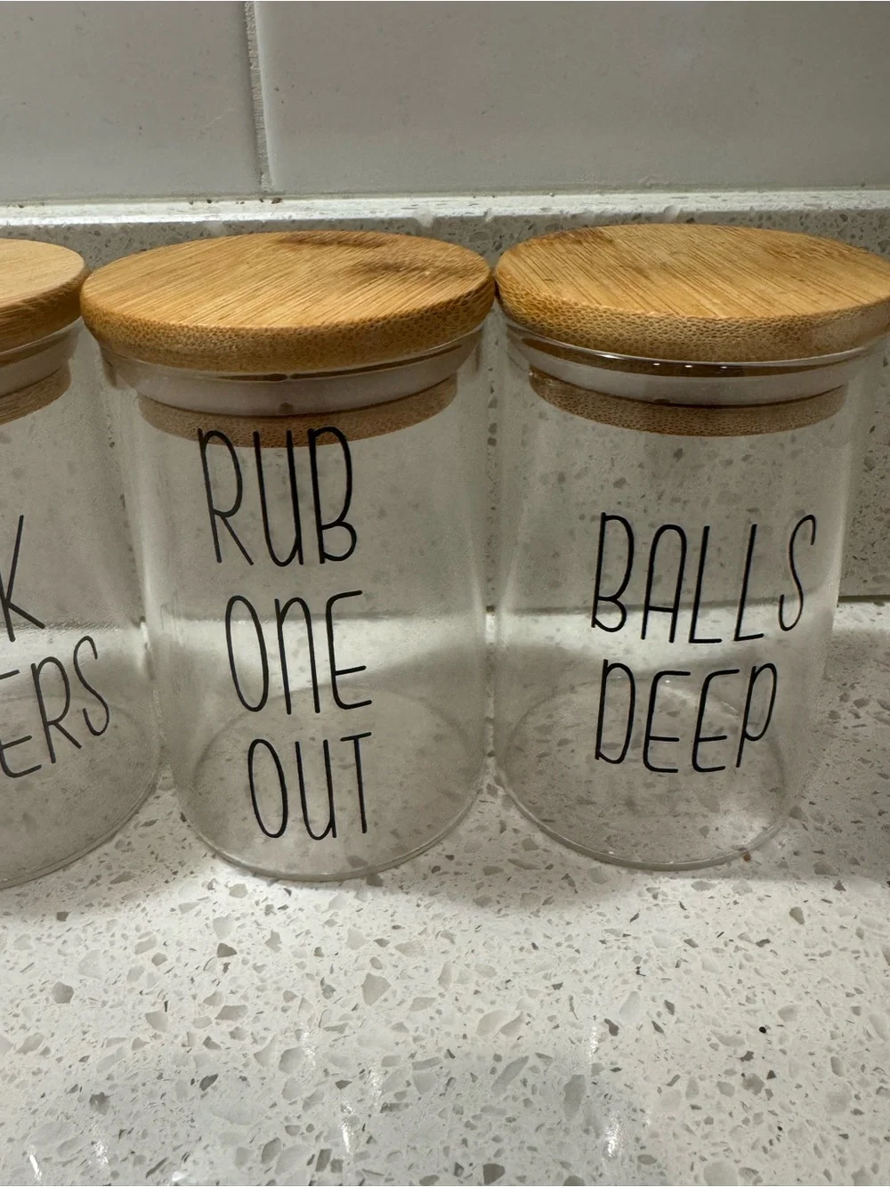 Bathroom Vanity Glass Storage Containers Funny Titles with Bamboo Lids for Cotto